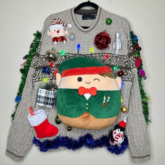 Ugly Christmas Sweater Elf Squishmallow LIGHTS UP Tinsel Xmas Party Winner XL - Picture 1 of 5